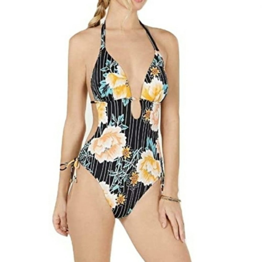 Bar III Floral Stripe Plunging Front One Piece